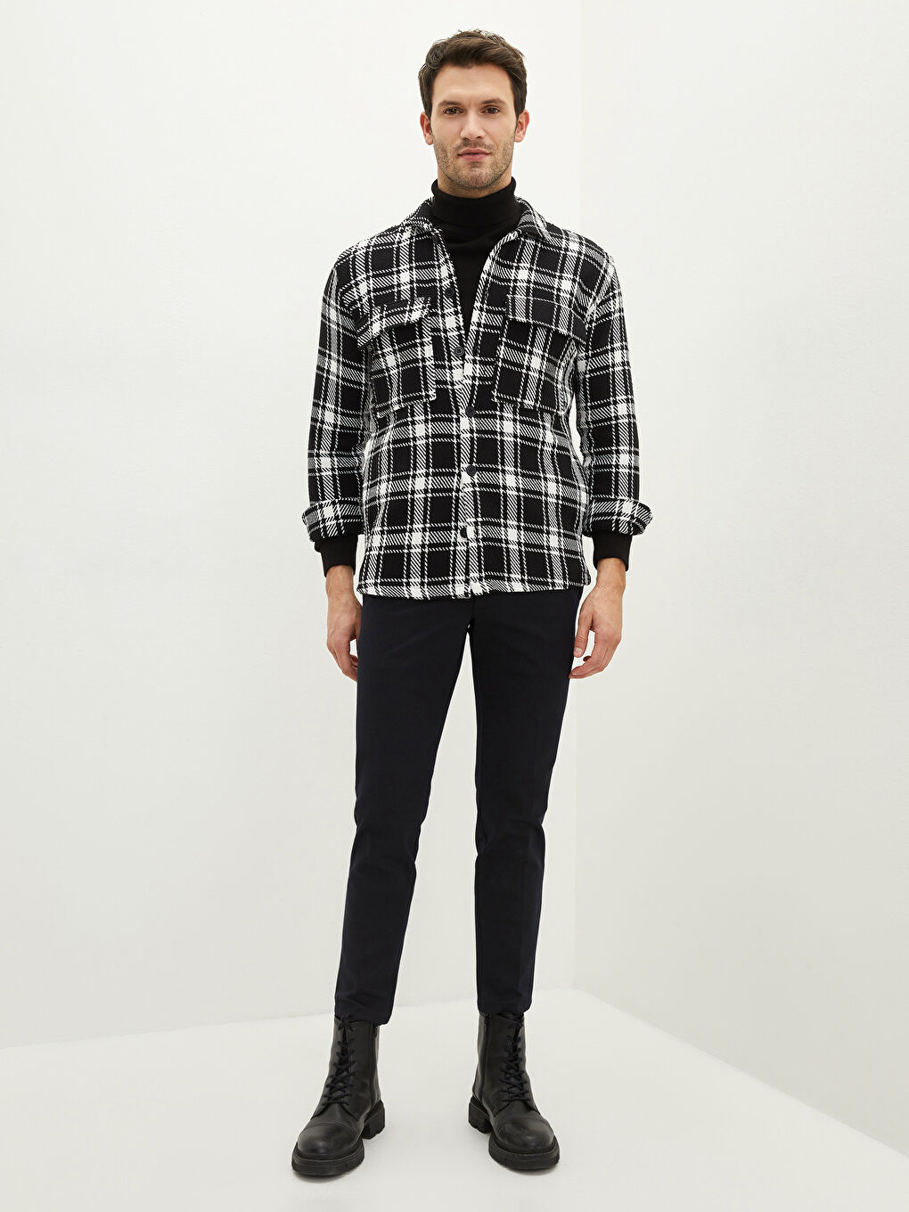 Beyaz Rahat Kalıp Uzun Kollu Ekose Erkek Oduncu Gömlek Ceket-2