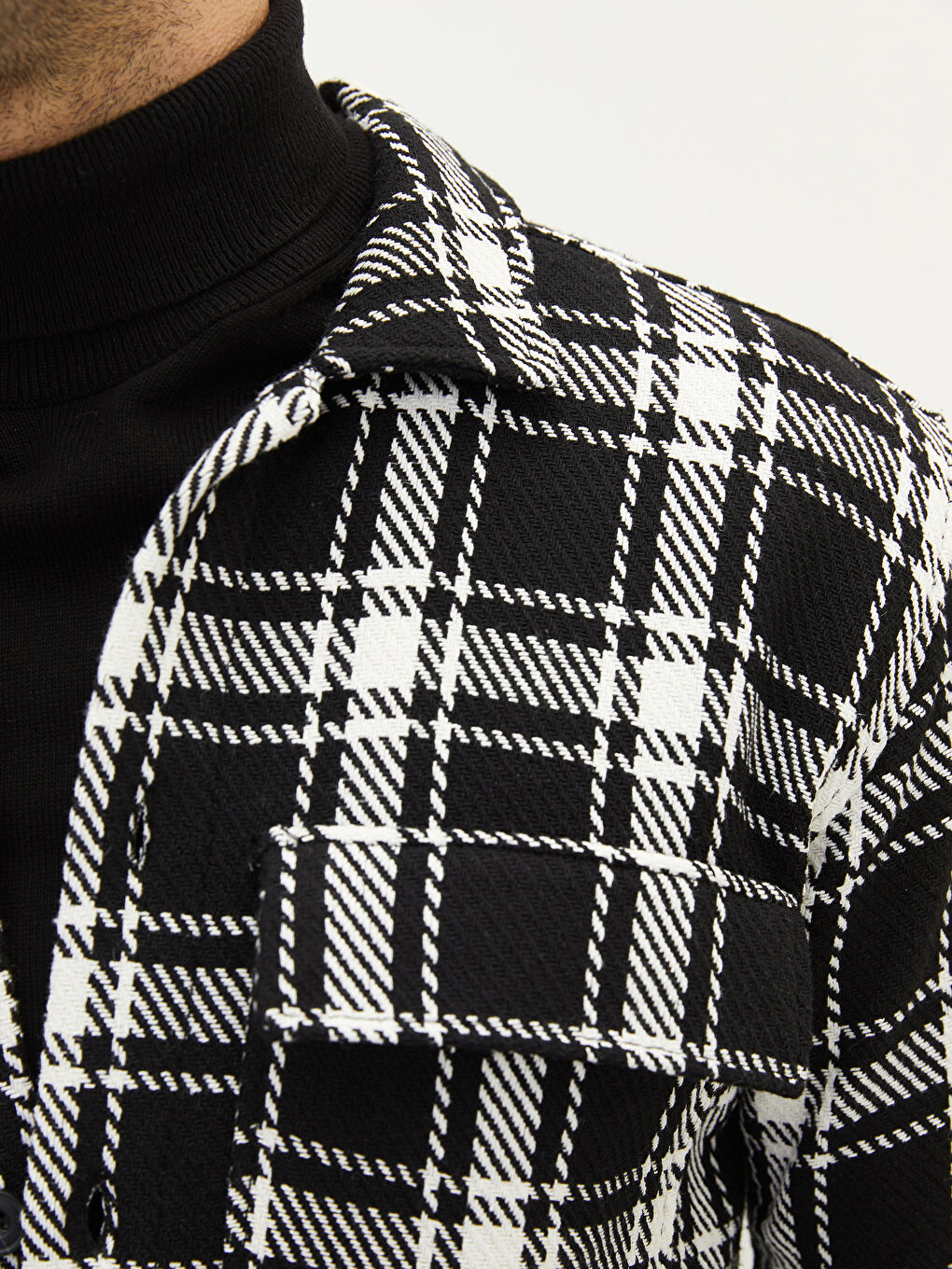 Beyaz Rahat Kalıp Uzun Kollu Ekose Erkek Oduncu Gömlek Ceket-3