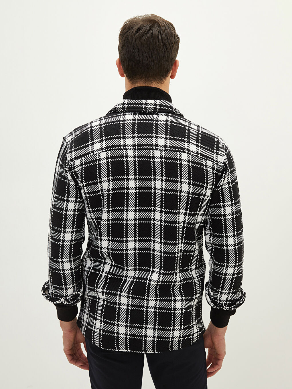 Beyaz Rahat Kalıp Uzun Kollu Ekose Erkek Oduncu Gömlek Ceket-4