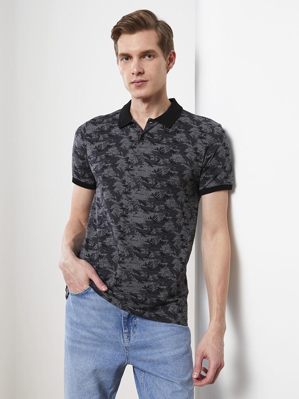 T-shirt pour Hommes à Col Polo Manches Courtes à Motifs en Piqué