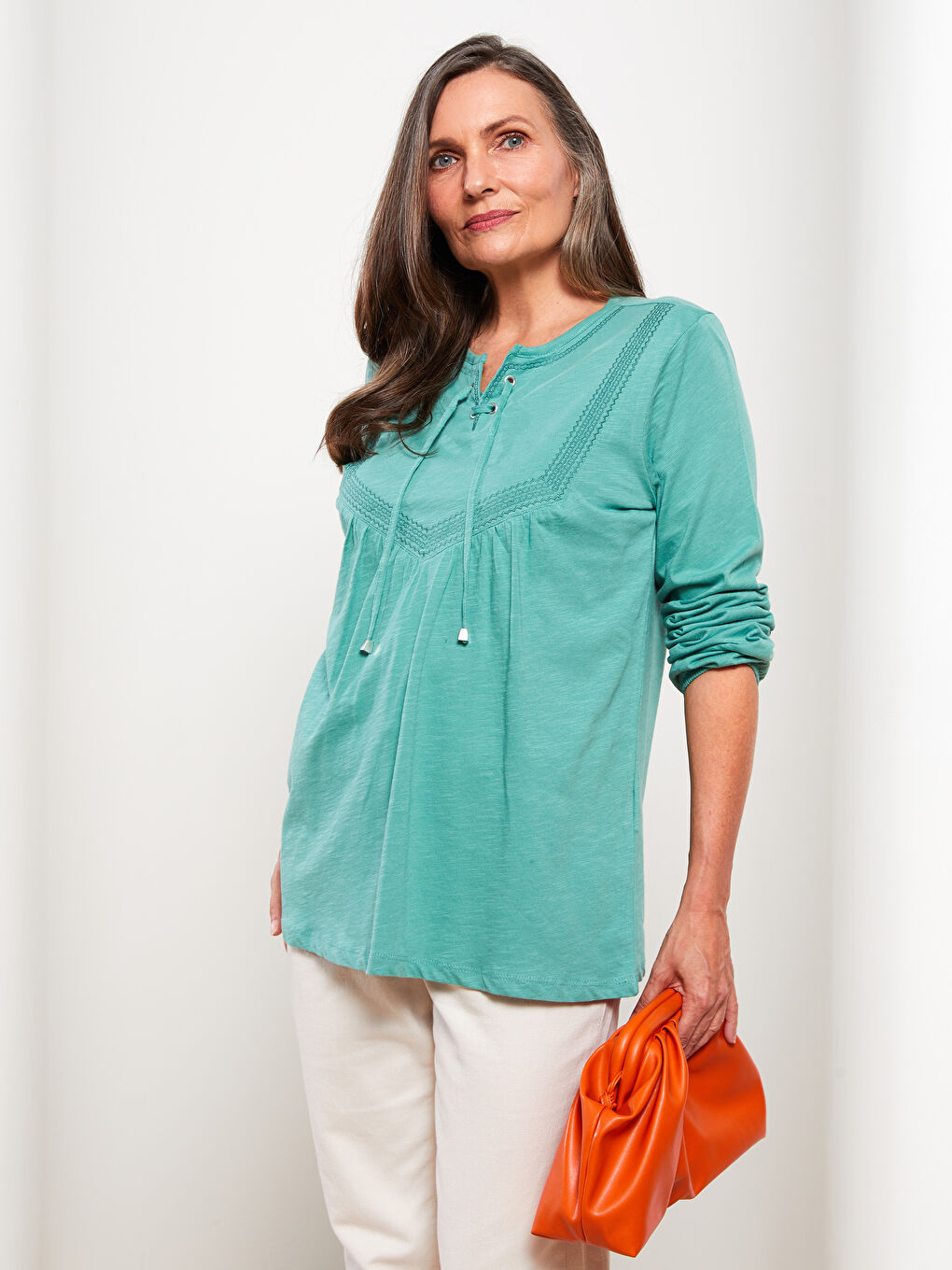 Tie Collar Embroidered Long Sleeve Cotton Women's Blouse-1