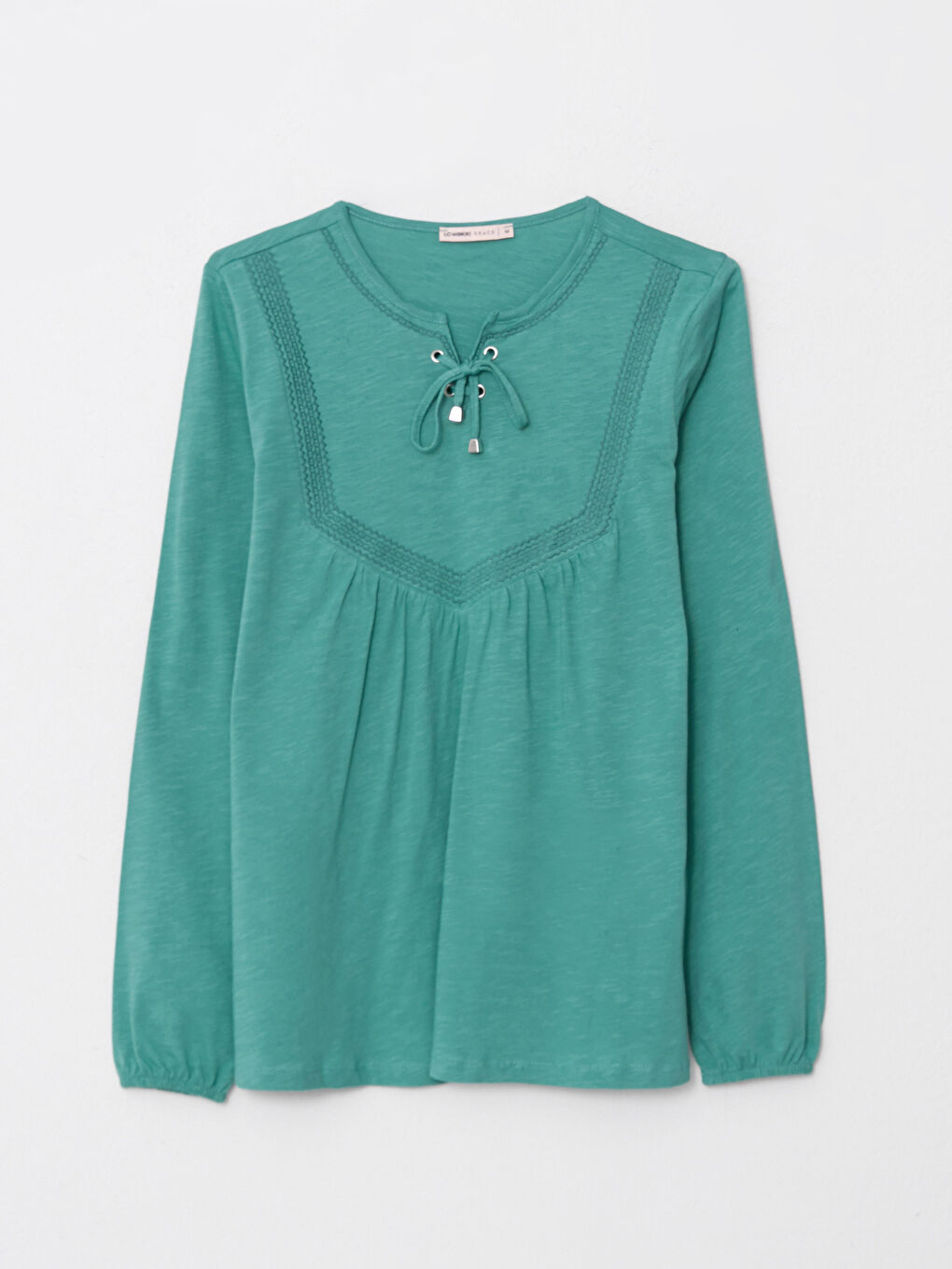 Tie Collar Embroidered Long Sleeve Cotton Women's Blouse-4