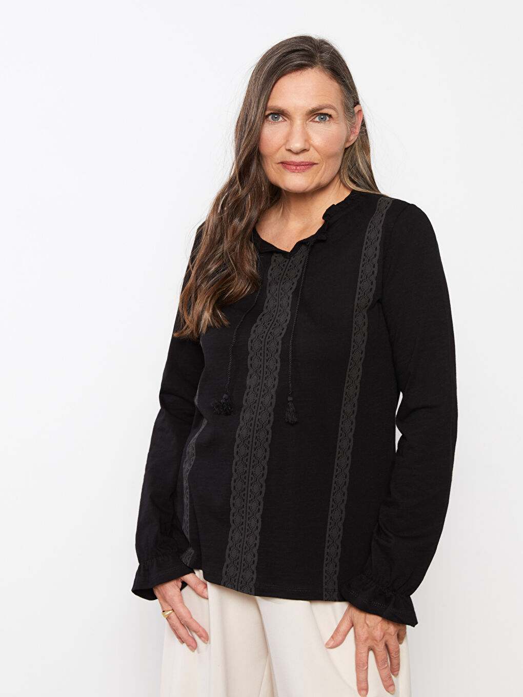 Tie Collar Printed Long Sleeve Cotton Women's Blouse-1