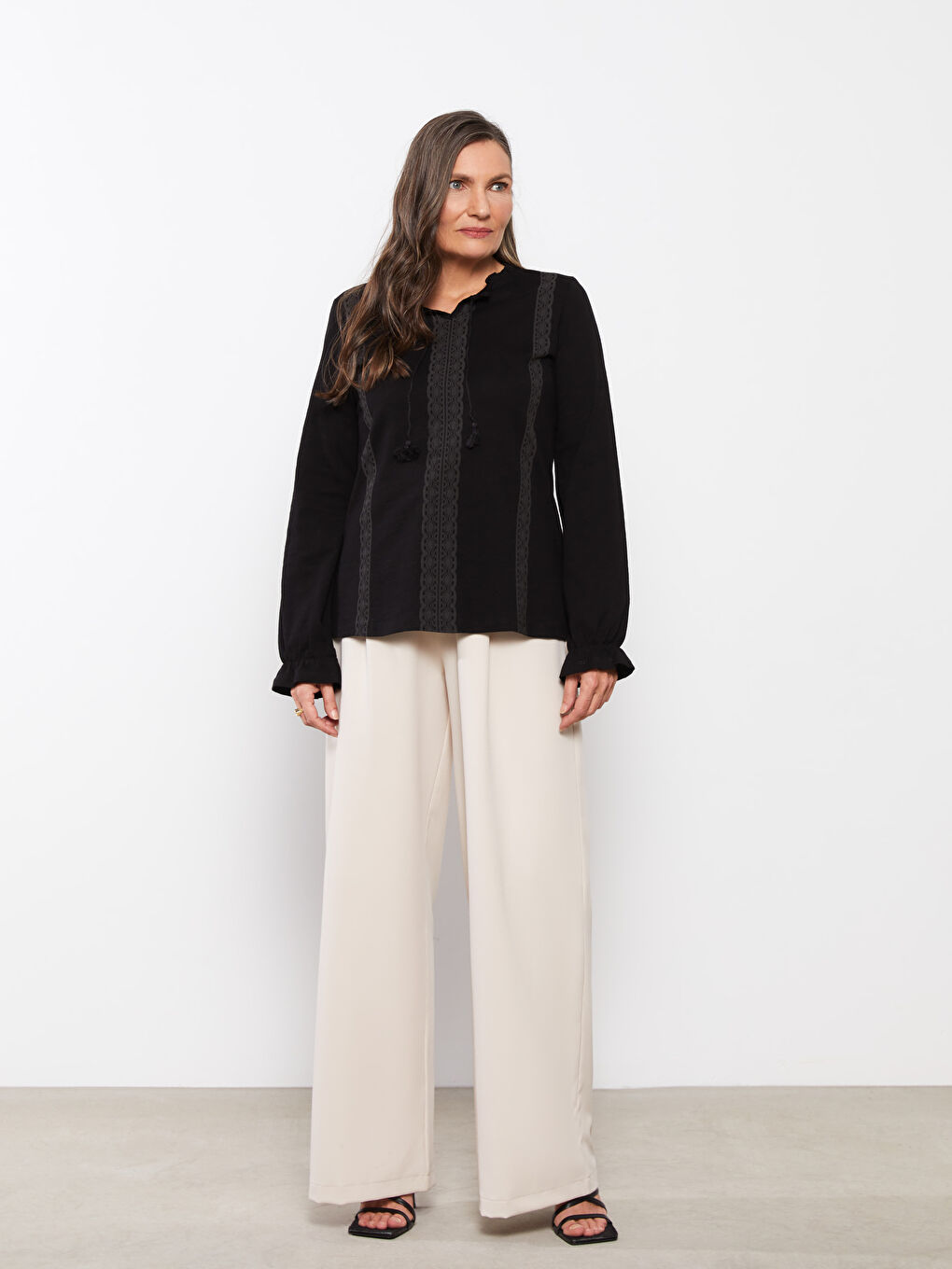 Tie Collar Printed Long Sleeve Cotton Women's Blouse-2