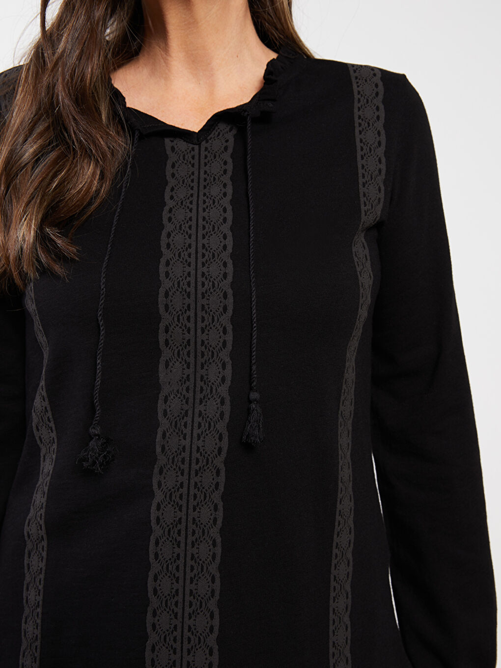 Tie Collar Printed Long Sleeve Cotton Women's Blouse-3