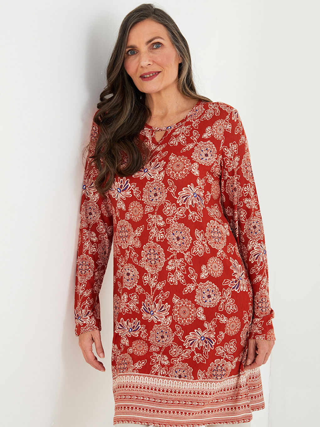 Kahverengi Bisiklet Yaka Desenli Uzun Kollu Kadın Tunik