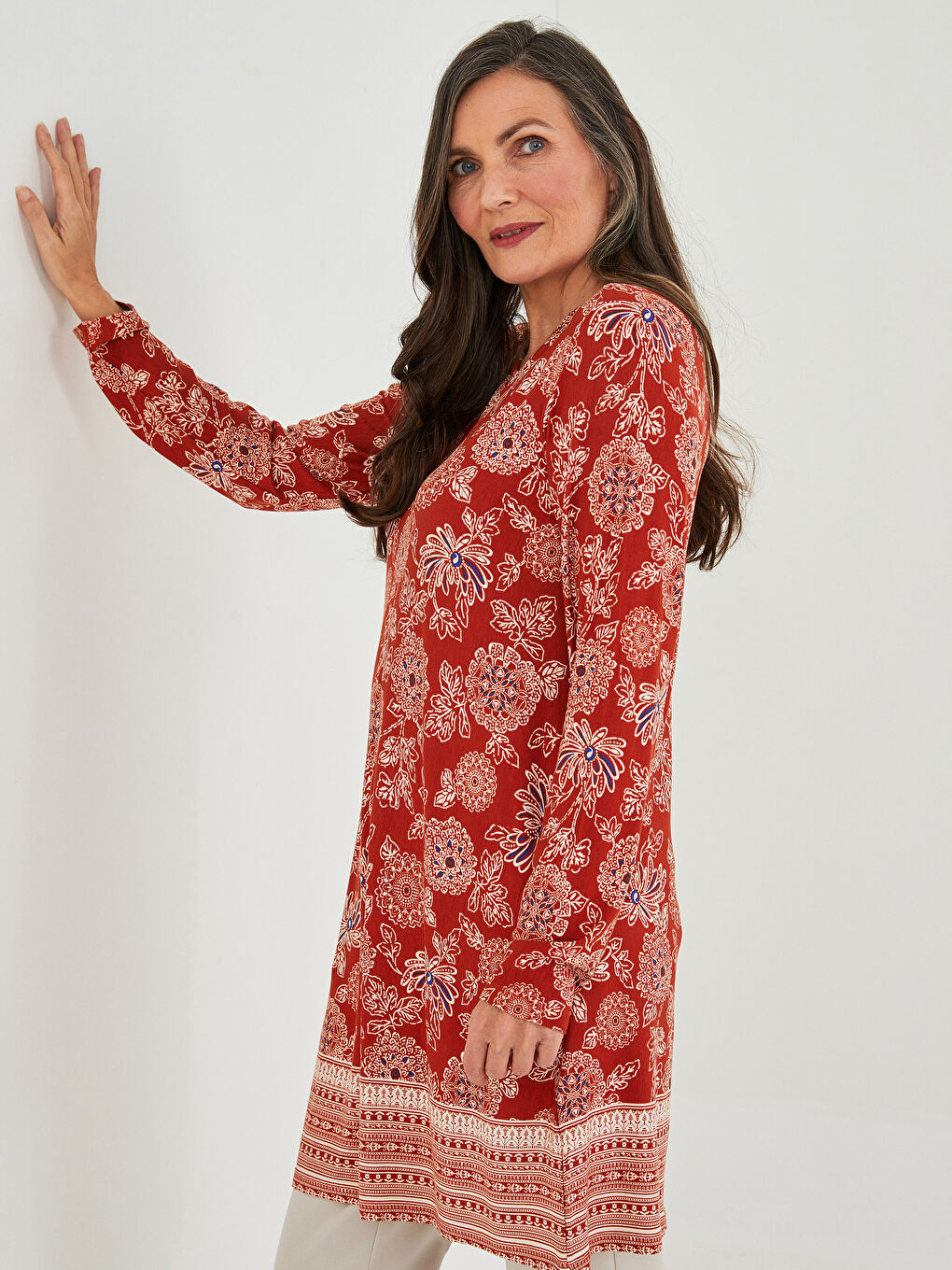 Kahverengi Bisiklet Yaka Desenli Uzun Kollu Kadın Tunik-1