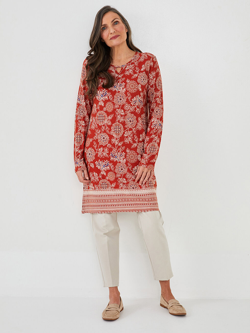 Kahverengi Bisiklet Yaka Desenli Uzun Kollu Kadın Tunik-2