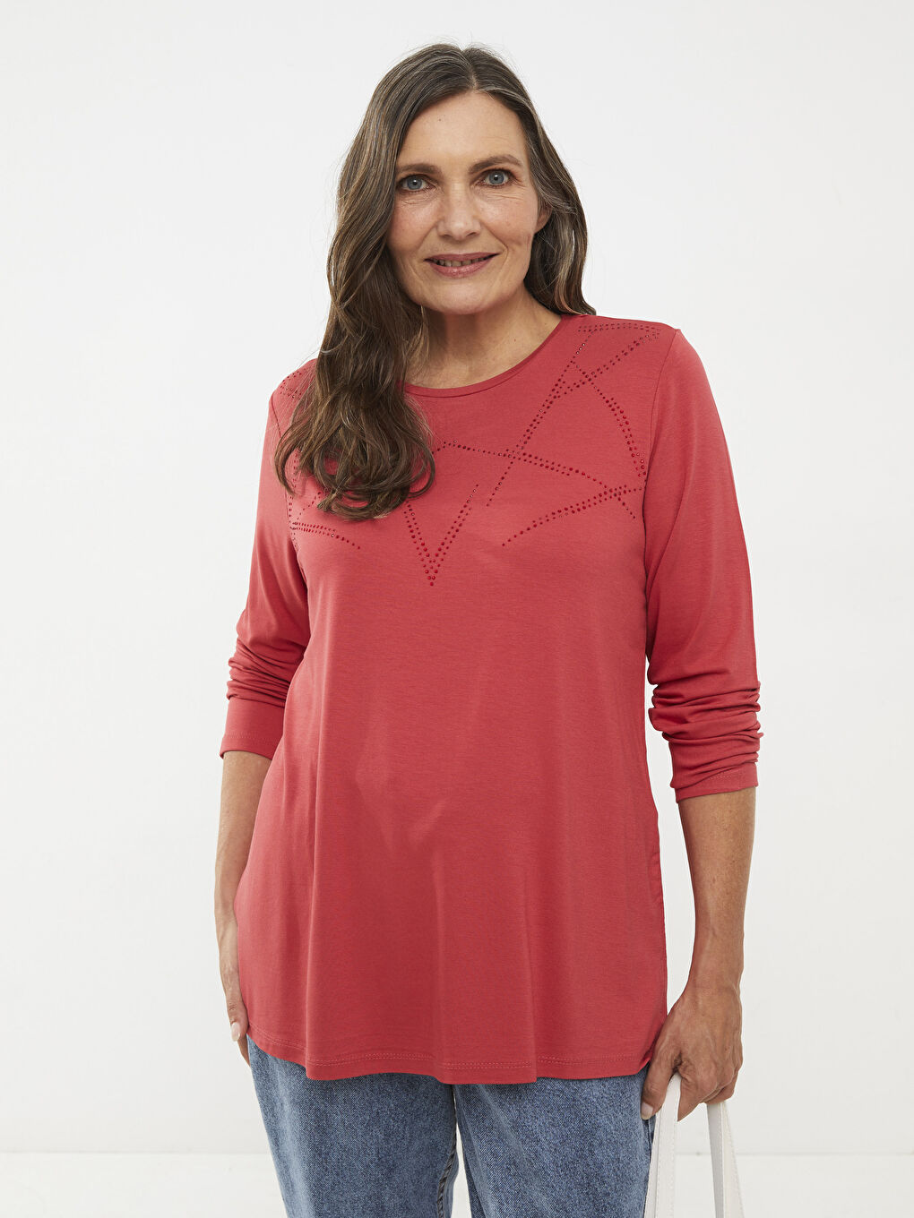 Kırmızı Bisiklet Yaka Parlak Taşlı Uzun Kollu Kadın Tişört