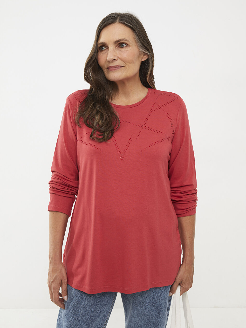 Kırmızı Bisiklet Yaka Parlak Taşlı Uzun Kollu Kadın Tişört-1