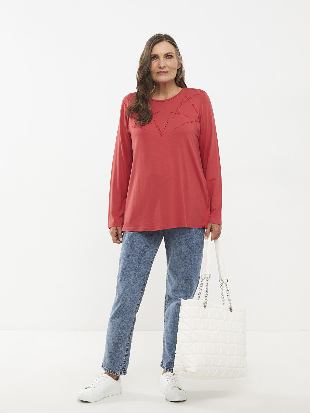 Kırmızı Bisiklet Yaka Parlak Taşlı Uzun Kollu Kadın Tişört-2