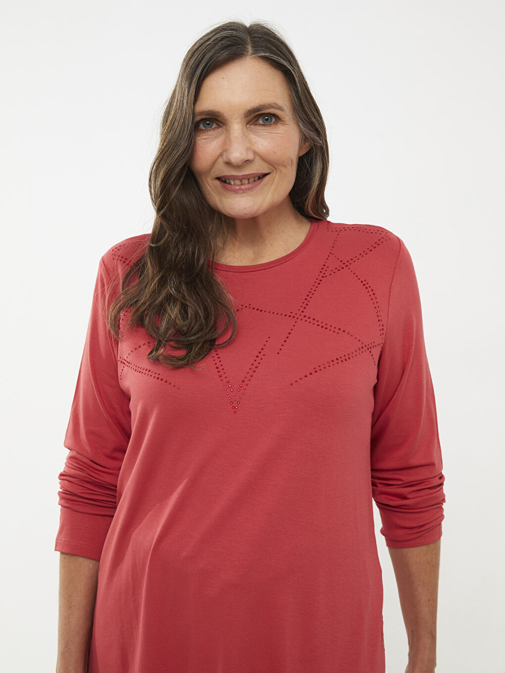 Kırmızı Bisiklet Yaka Parlak Taşlı Uzun Kollu Kadın Tişört-3