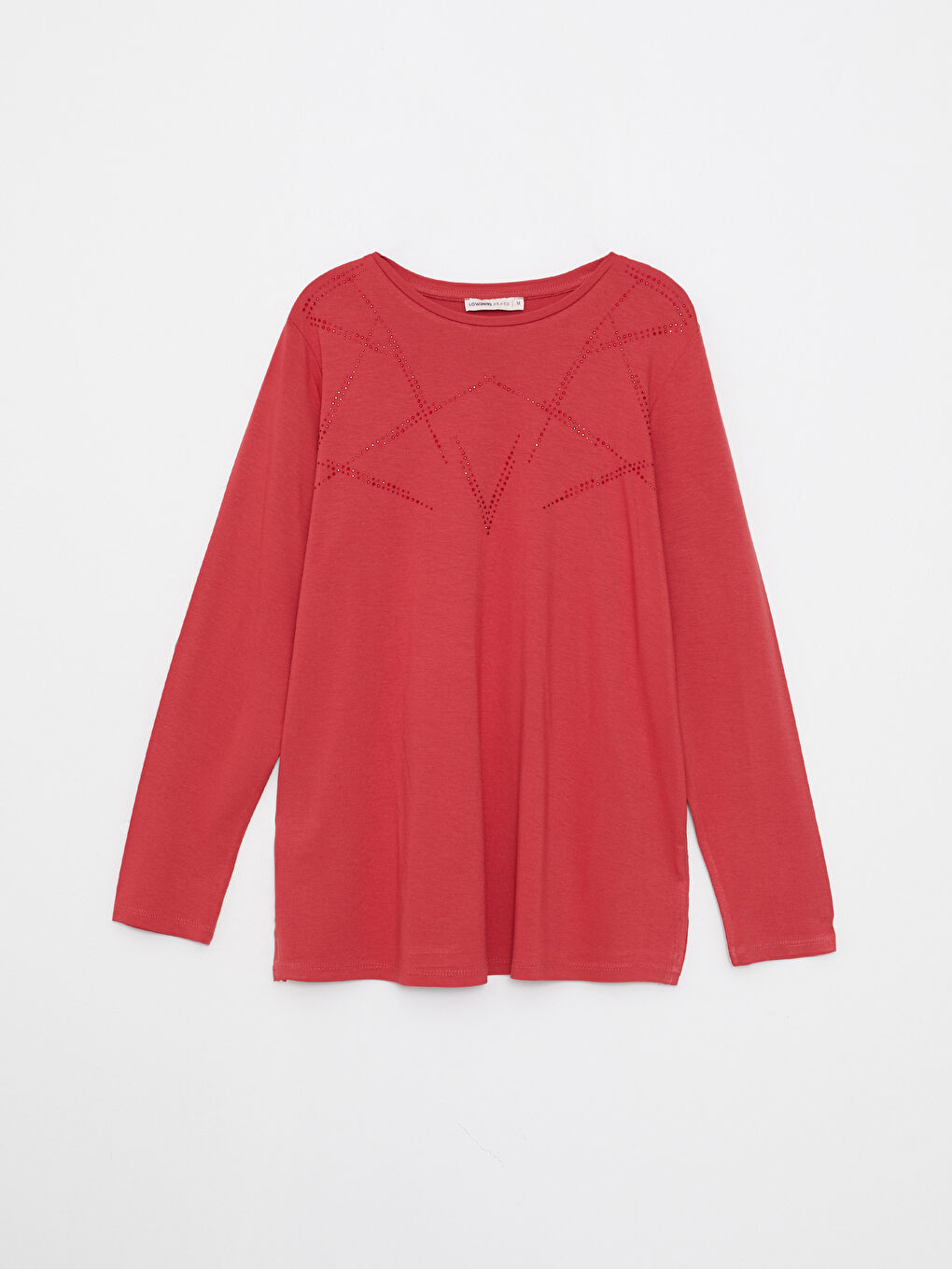Kırmızı Bisiklet Yaka Parlak Taşlı Uzun Kollu Kadın Tişört-6