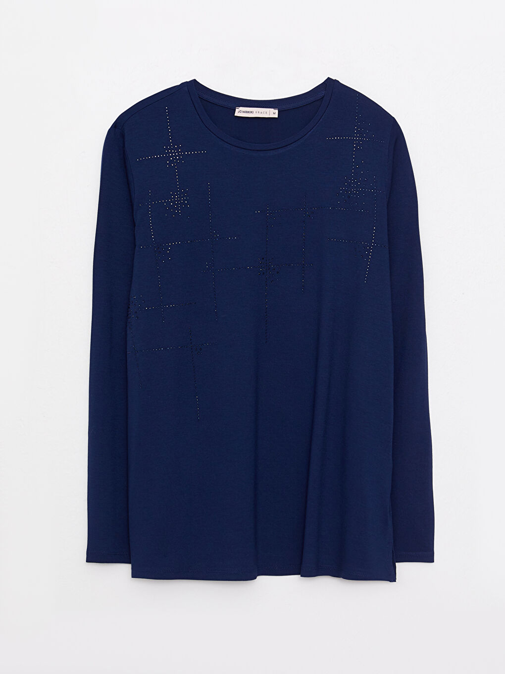 Crew Neck Shiny Stone Printed Long Sleeve Women's T-Shirt-5