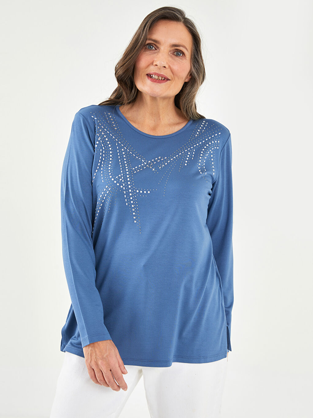 Crew Neck Shiny Stone Printed Long Sleeve Women's T-Shirt-1