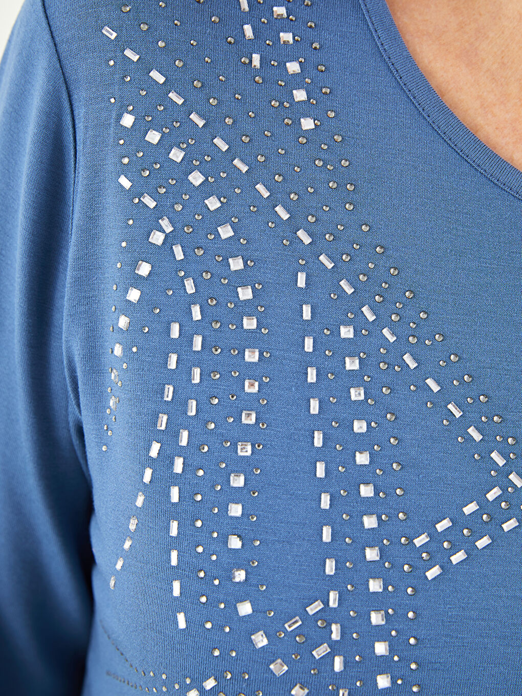 Crew Neck Shiny Stone Printed Long Sleeve Women's T-Shirt-3