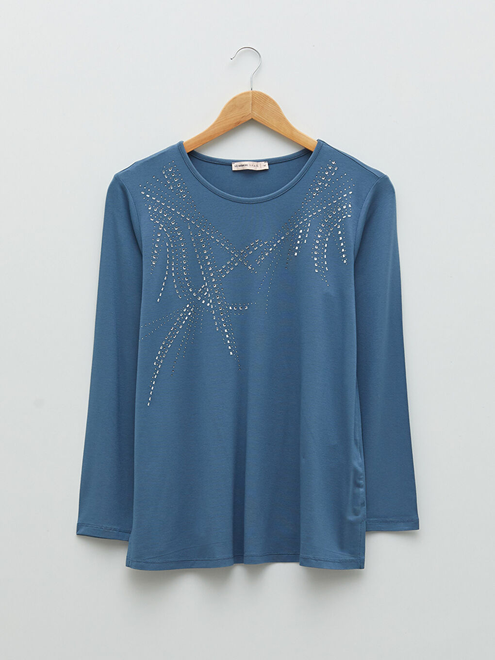 Crew Neck Shiny Stone Printed Long Sleeve Women's T-Shirt-5