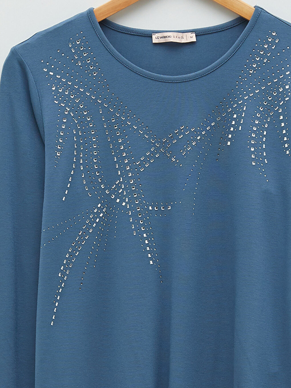 Crew Neck Shiny Stone Printed Long Sleeve Women's T-Shirt-7