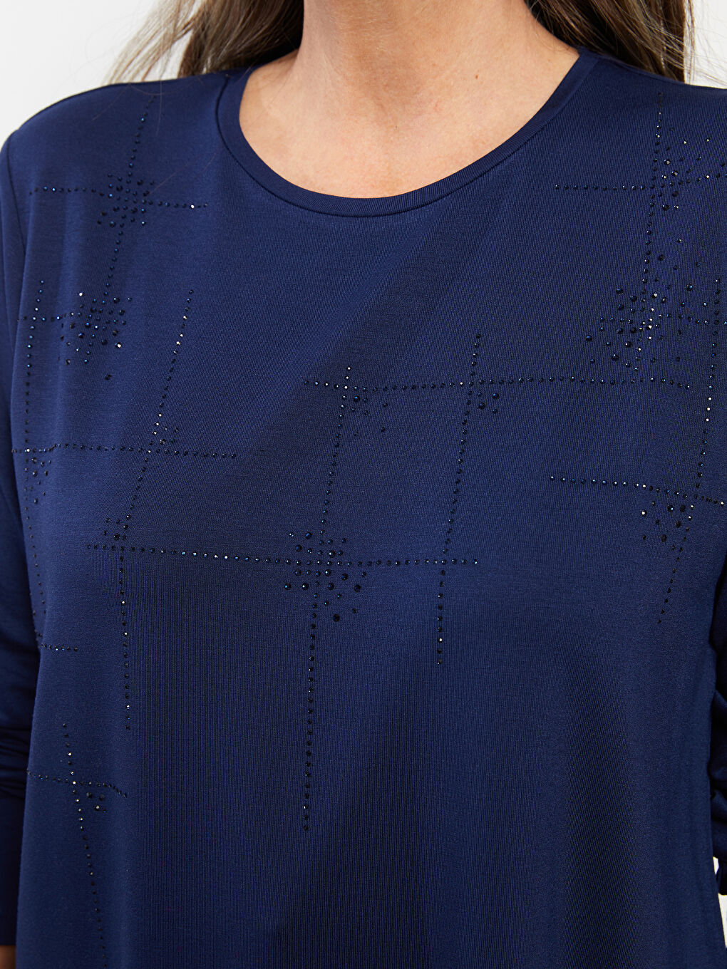 Crew Neck Shiny Stone Printed Long Sleeve Women's T-Shirt-3