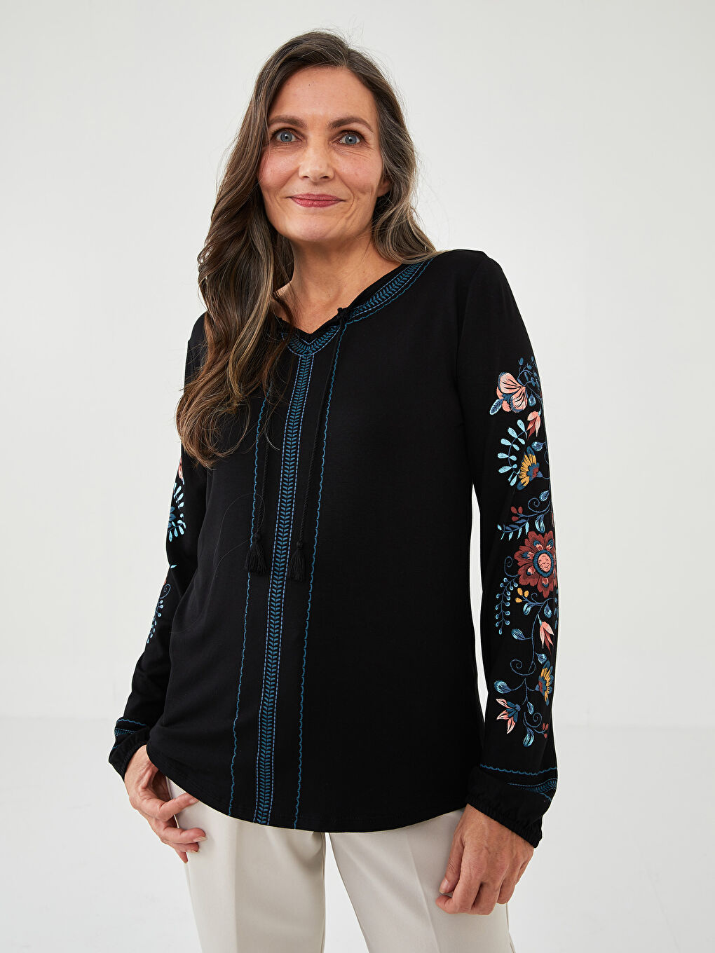 Lapel Collar Embroidered Long Sleeve Women's T-Shirt