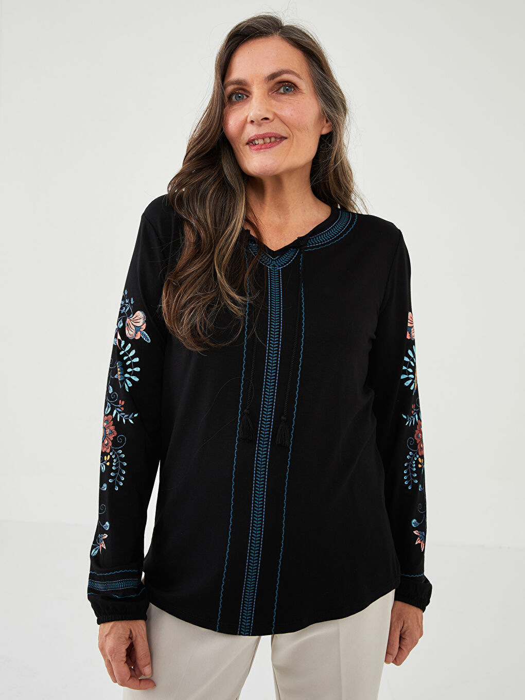 Lapel Collar Embroidered Long Sleeve Women's T-Shirt-1