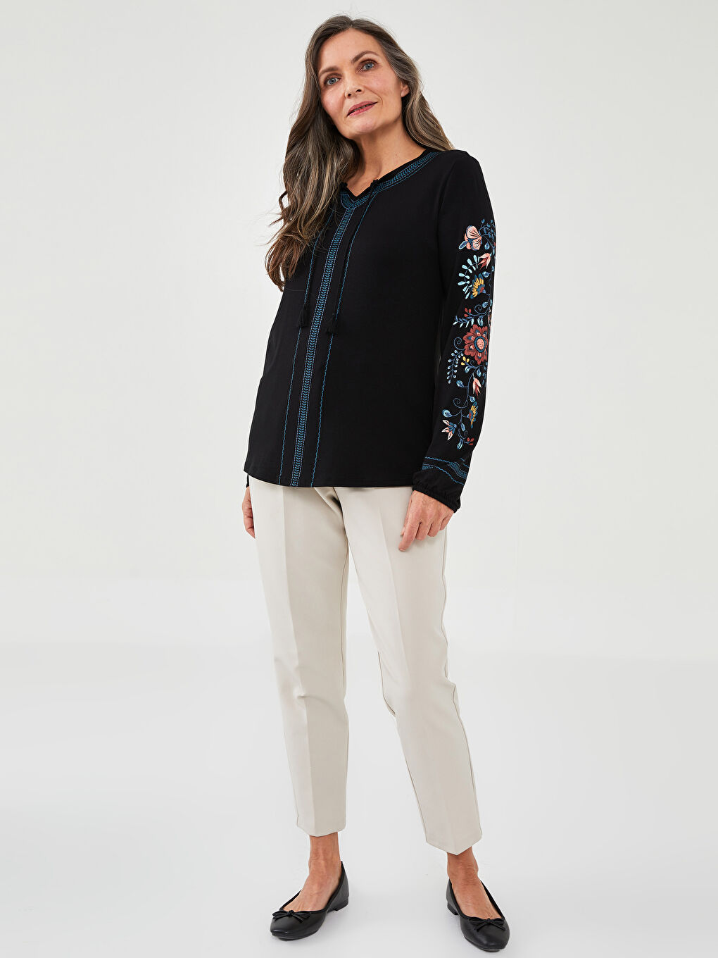 Lapel Collar Embroidered Long Sleeve Women's T-Shirt-2