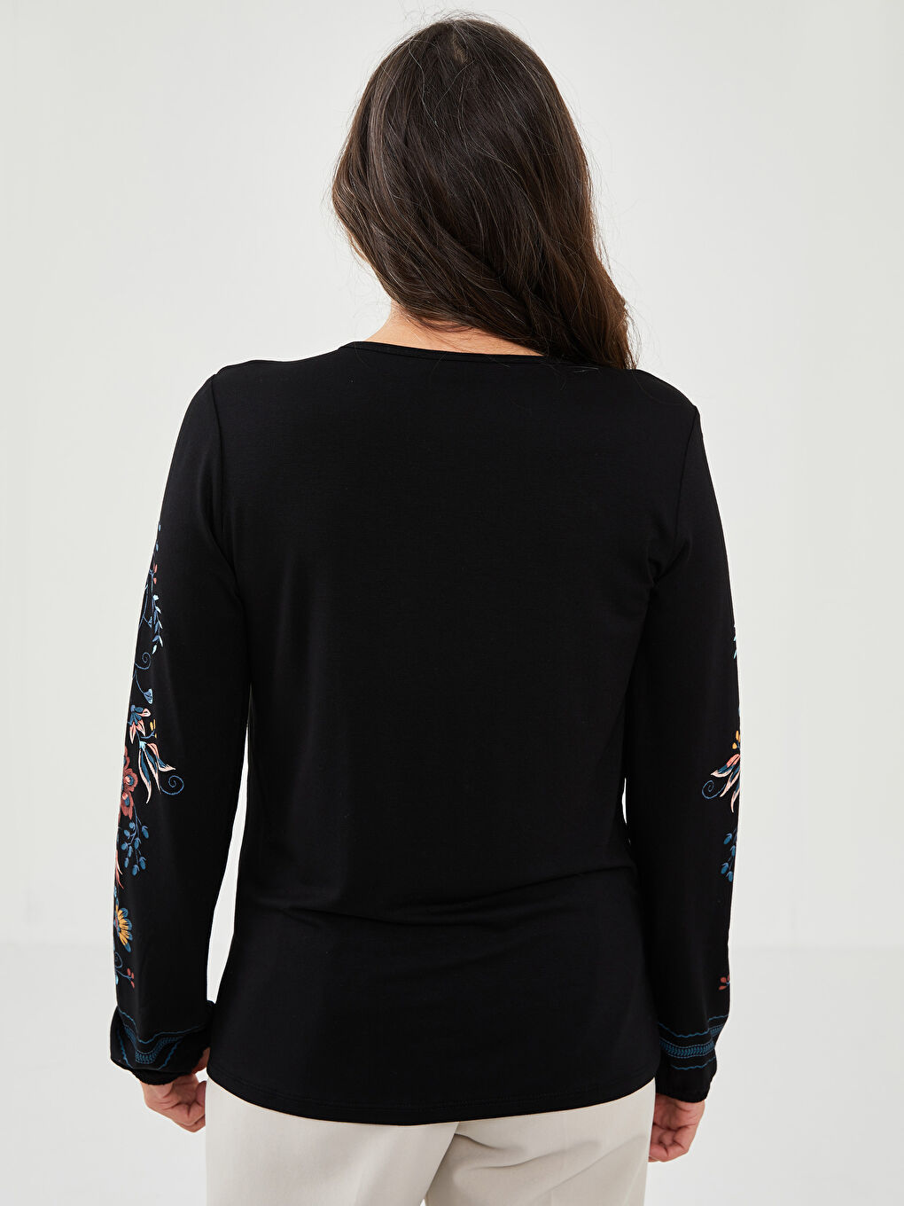 Lapel Collar Embroidered Long Sleeve Women's T-Shirt-4