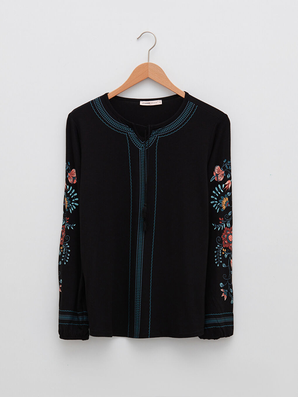 Lapel Collar Embroidered Long Sleeve Women's T-Shirt-5