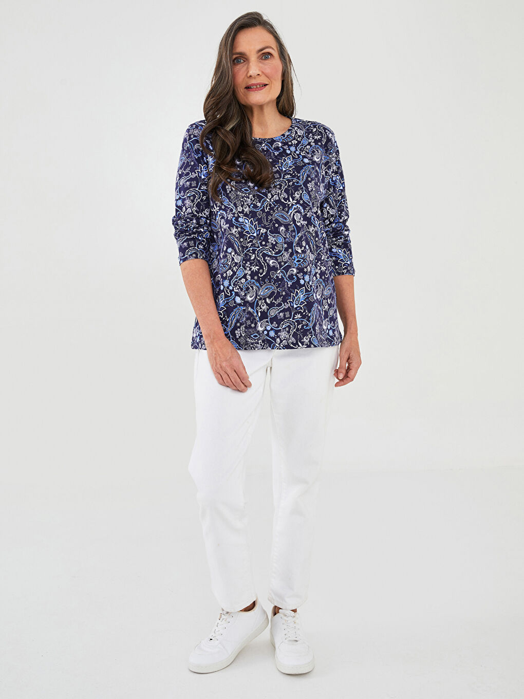 Mavi Bisiklet Yaka Desenli Uzun Kollu Pamuklu Kadın Tişört-3