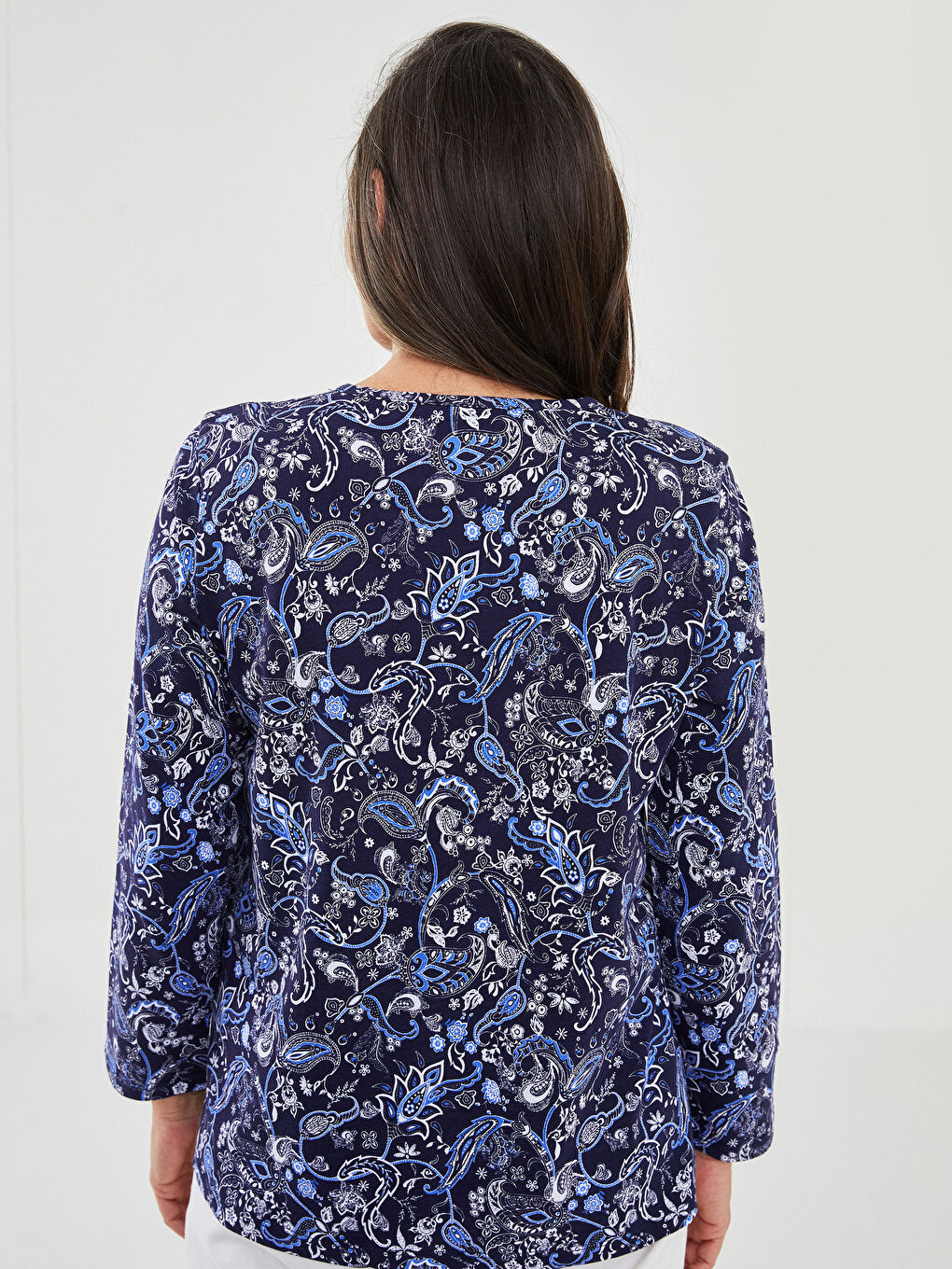 Mavi Bisiklet Yaka Desenli Uzun Kollu Pamuklu Kadın Tişört-4