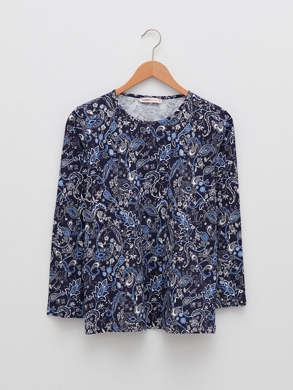 Mavi Bisiklet Yaka Desenli Uzun Kollu Pamuklu Kadın Tişört-6