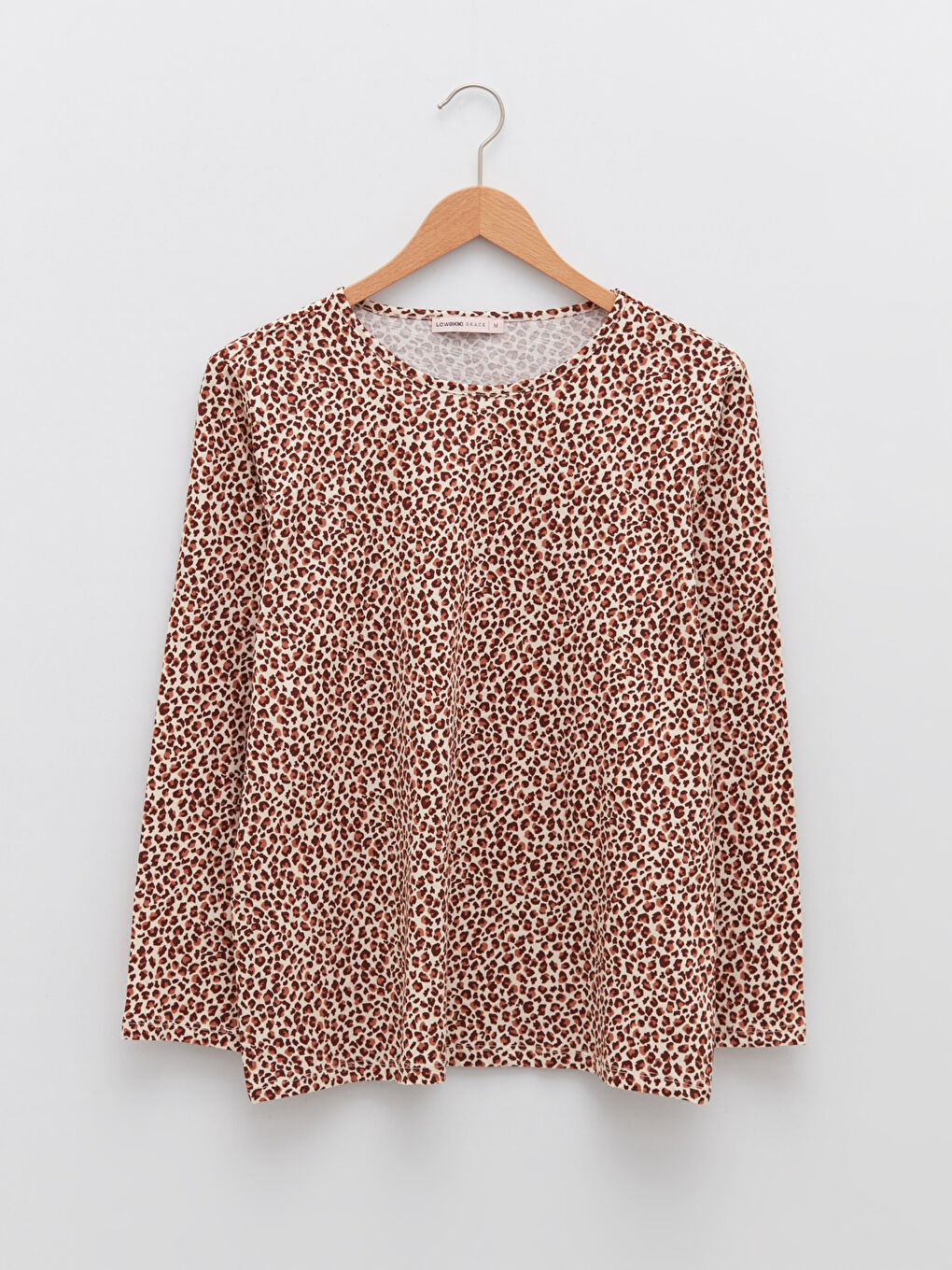 Bej Bisiklet Yaka Desenli Uzun Kollu Pamuklu Kadın Tişört-5