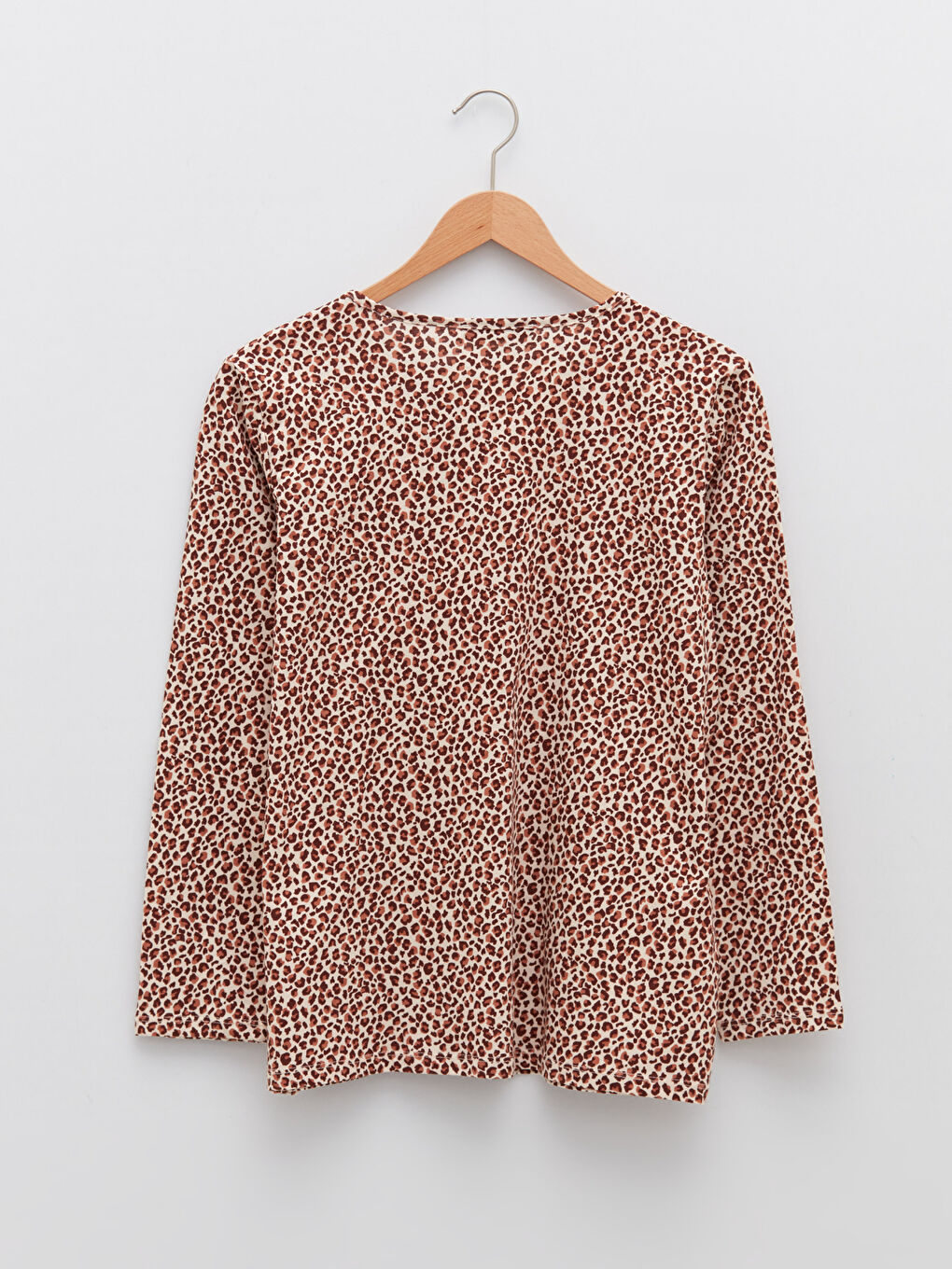 Bej Bisiklet Yaka Desenli Uzun Kollu Pamuklu Kadın Tişört-6