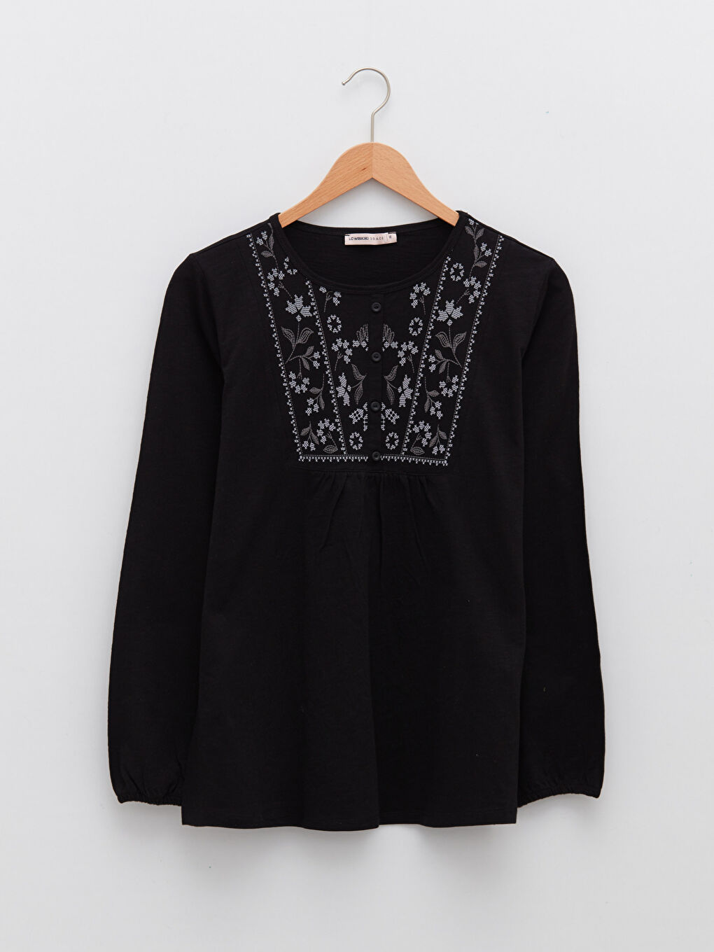 Crew Neck Embroidered Long Sleeve Cotton Women's Blouse-5