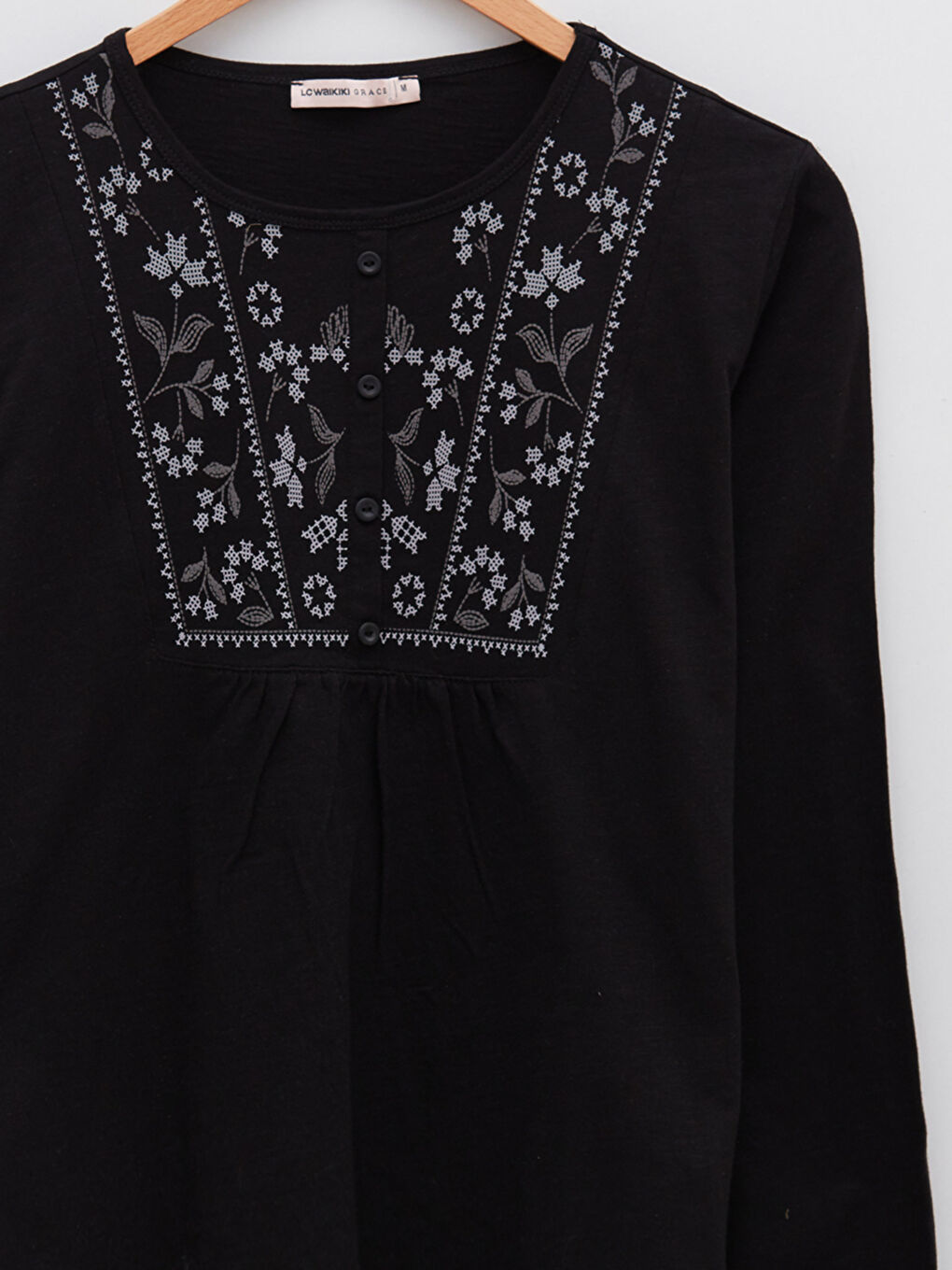 Crew Neck Embroidered Long Sleeve Cotton Women's Blouse-7