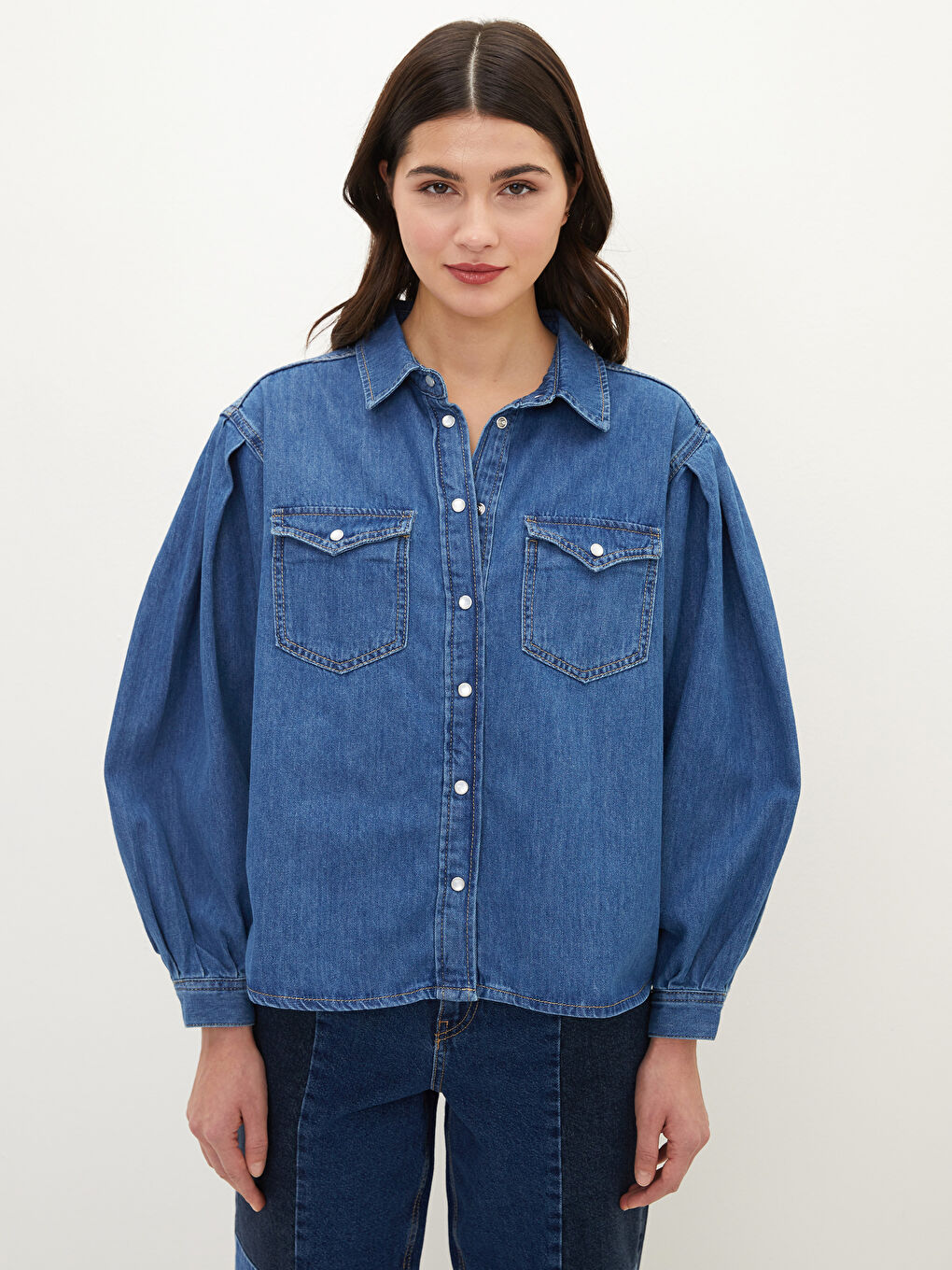 Închidere Frontală cu Nasturi Dreaptă Mânecă Lungă Geacă Cămașă din Blugi pentru Femei