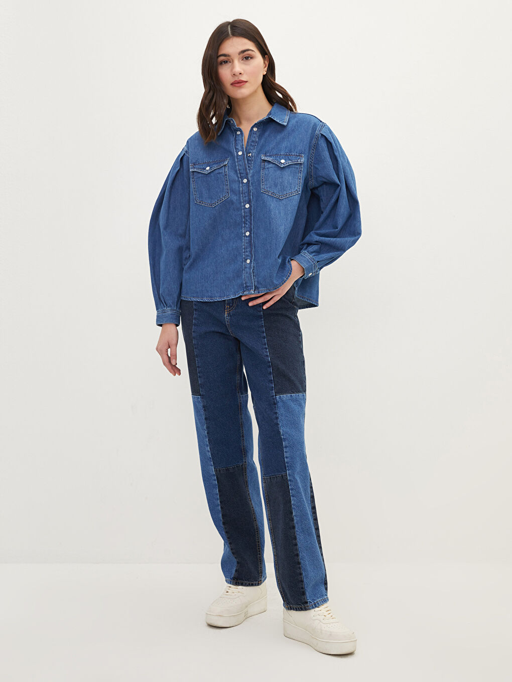 Închidere Frontală cu Nasturi Dreaptă Mânecă Lungă Geacă Cămașă din Blugi pentru Femei-4