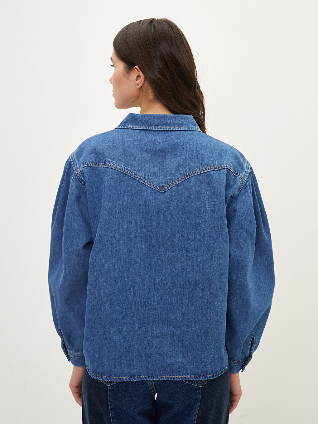 Închidere Frontală cu Nasturi Dreaptă Mânecă Lungă Geacă Cămașă din Blugi pentru Femei-5