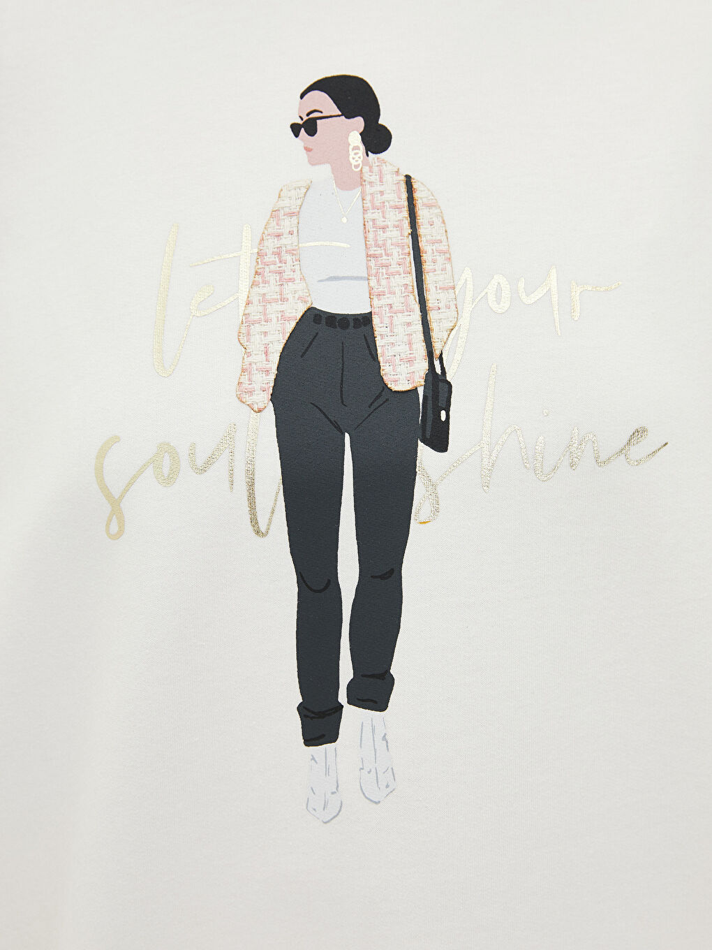 تونيك سويتشيرت واسع كم طويل مطبوع بياقة دائرية للسيدات-3