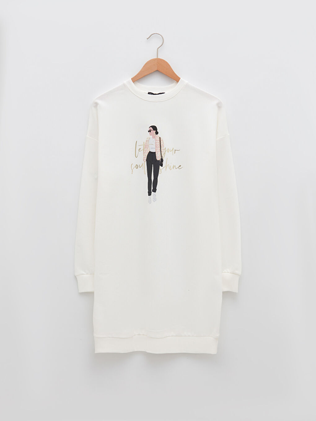 تونيك سويتشيرت واسع كم طويل مطبوع بياقة دائرية للسيدات-5