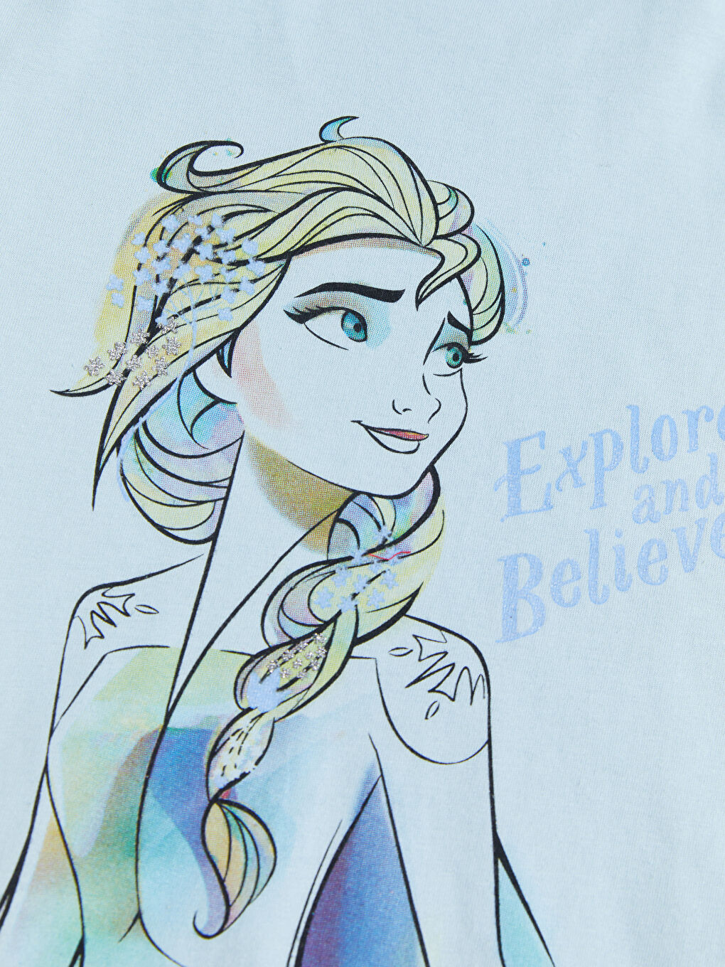 Қыздарға арналған дөңгелек жағалы эльза принтті қысқа жең футболка-2