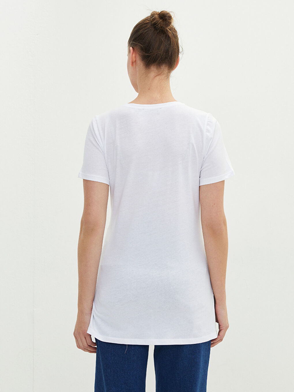 Beyaz Bisiklet Yaka Düz Kısa Kollu Pamuklu Hamile Tişört-4