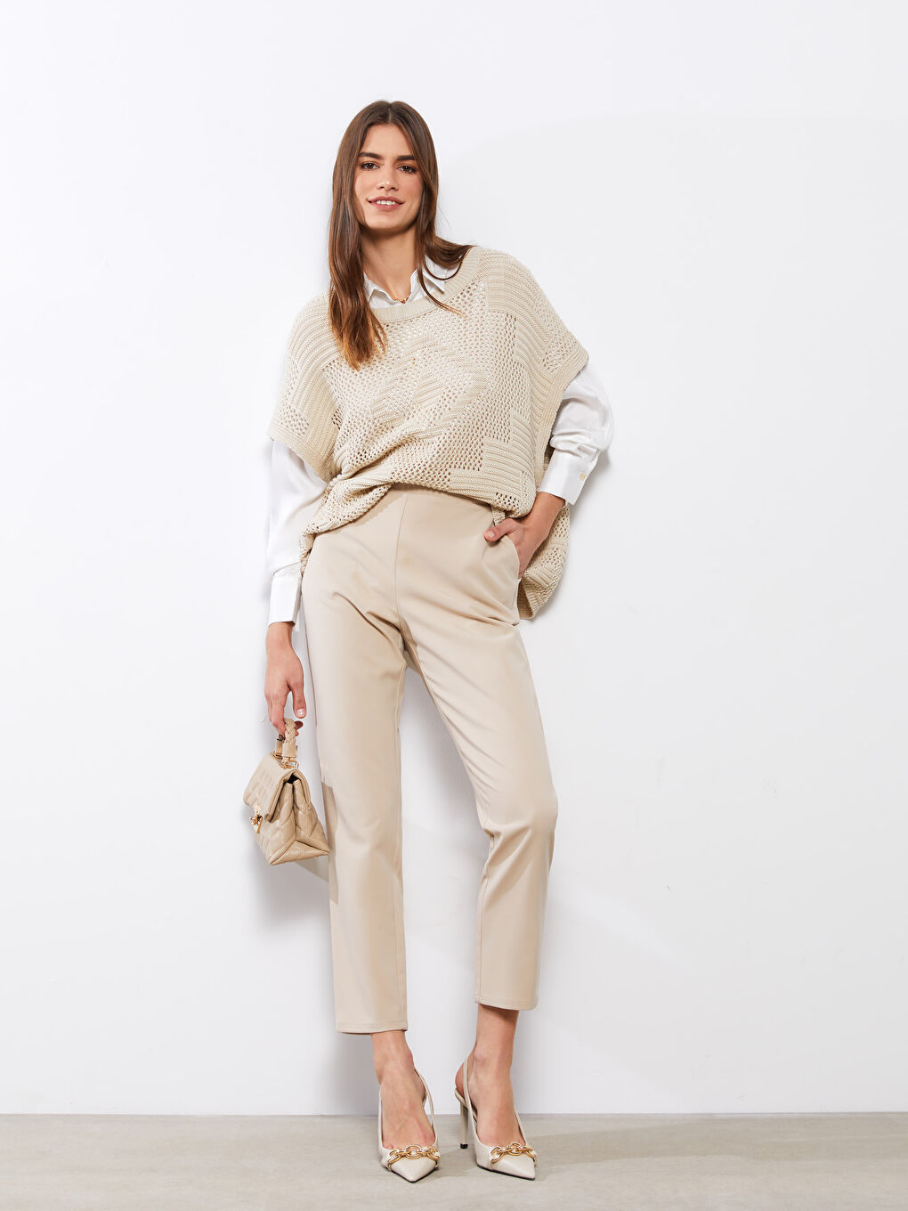 Әйелдерге арналған созылмалы белді кең үлгідегі өрнексіз шалбар