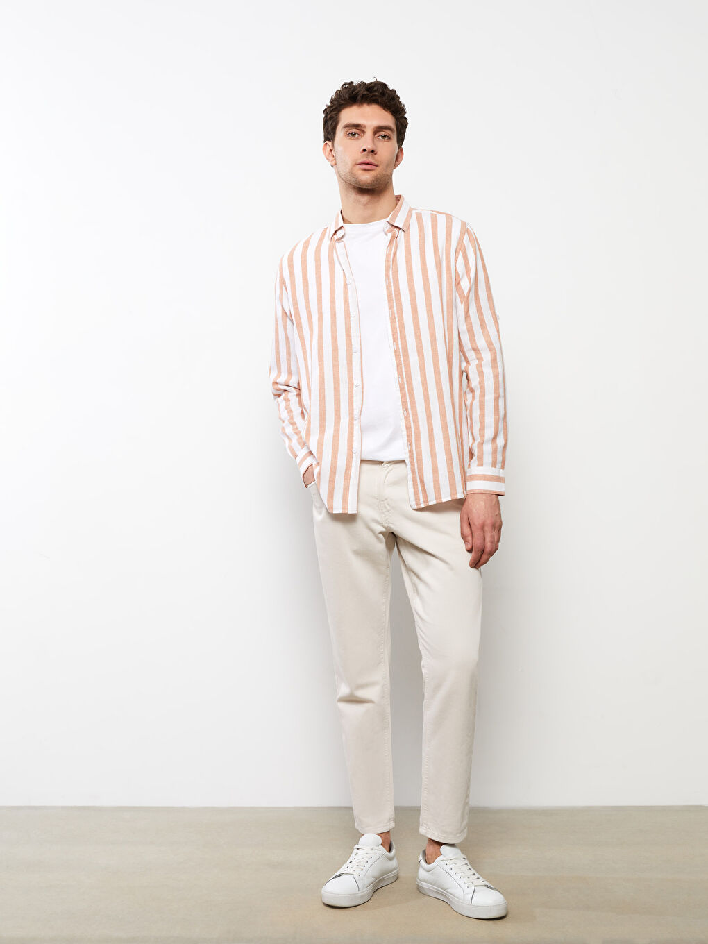 Turuncu Regular Fit Uzun Kollu Çizgili Erkek Gömlek
