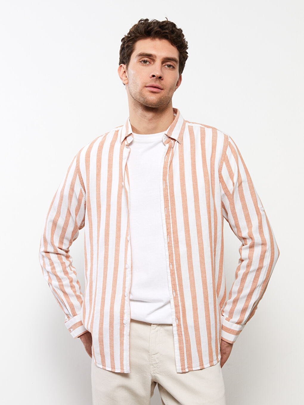 Turuncu Regular Fit Uzun Kollu Çizgili Erkek Gömlek-2
