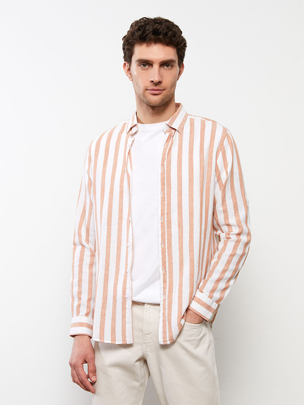 Turuncu Regular Fit Uzun Kollu Çizgili Erkek Gömlek-3