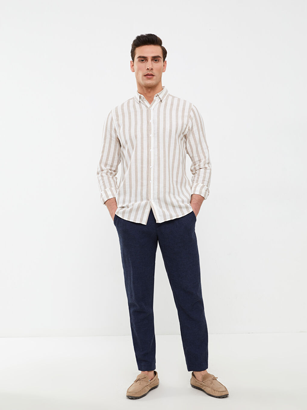 SOUTHBLUE Bej Regular Fit Uzun Kollu Çizgili Erkek Gömlek - 2