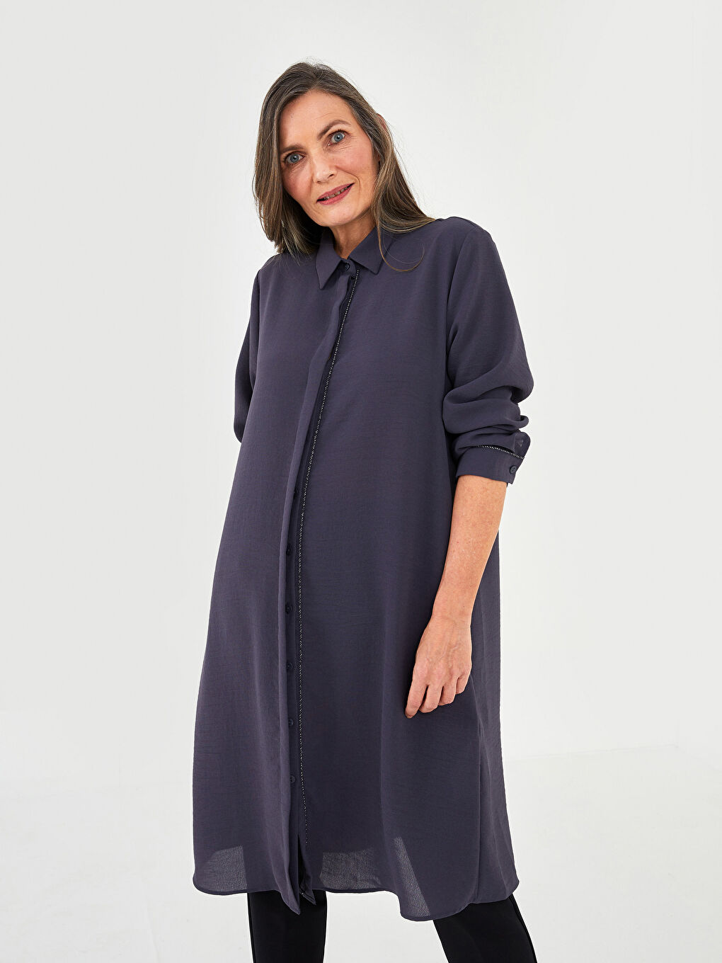 قميص تونيك للسيدات كم طويل سادة-1