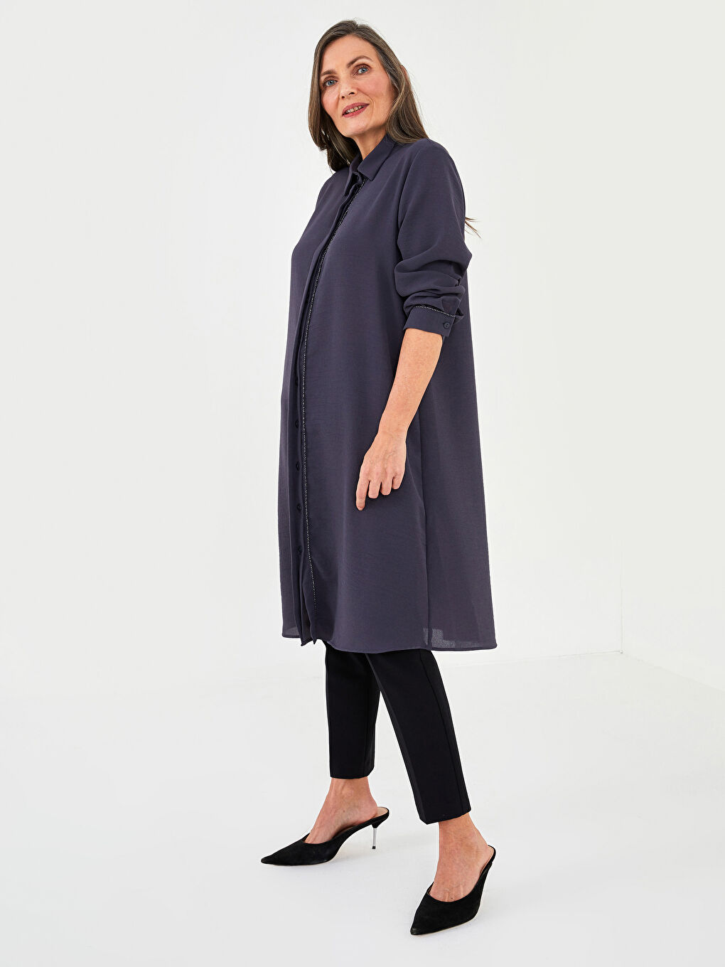 قميص تونيك للسيدات كم طويل سادة-2