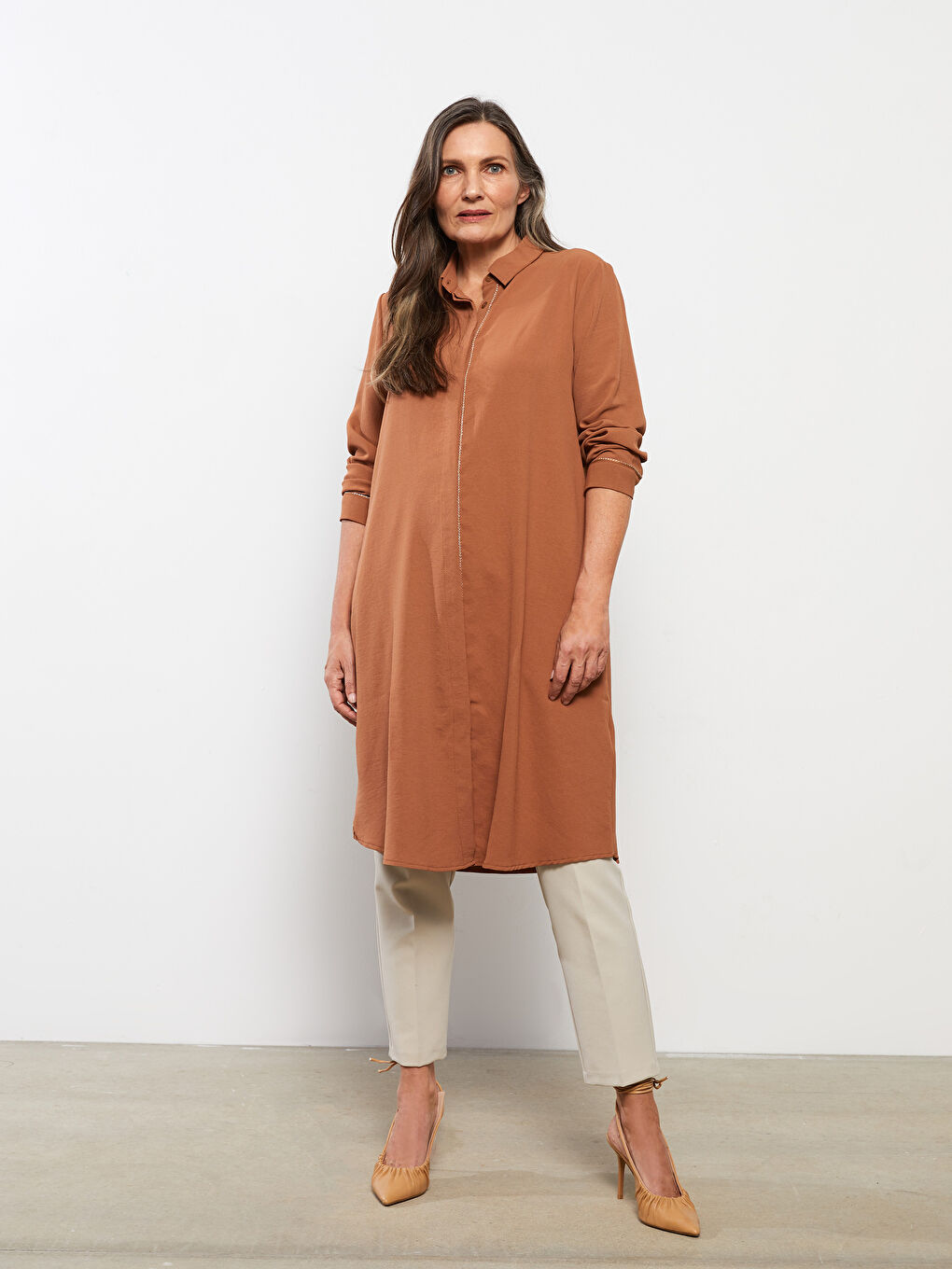 قميص تونيك للسيدات كم طويل سادة